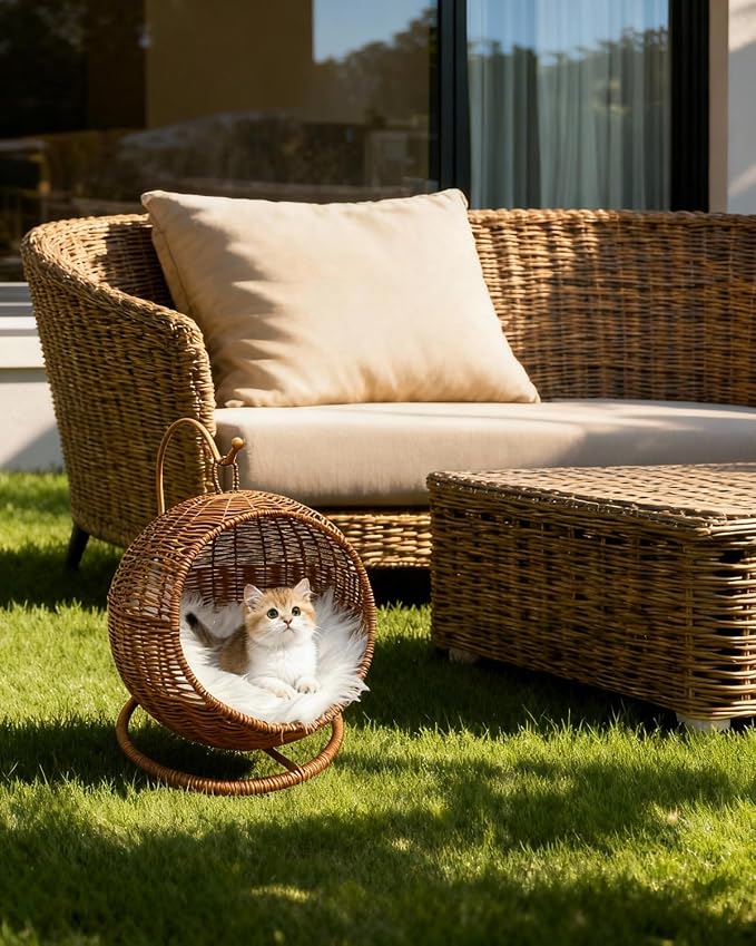 Wicker Cat Bed Indoor & Outdoor, Handwoven PP Rattan Cat Swing Bed with Removable Washable Cushion, Breathable Waterproof Cat House for Cats & Small Dogs (Small–11.4" L × 18.9" H)