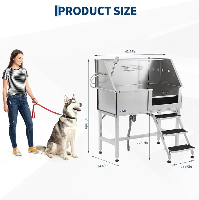 Garvee 46 Inch Stainless Steel Dog Washing Station, Heavy Duty Pet Grooming Bathtub with Access Stairs, Brushed Finish, Right Door Options