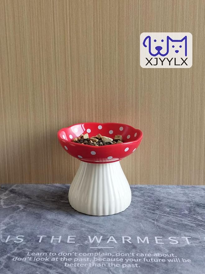 Mushroom Elevated Cat Bowls Ceramic, Cute Cat Bowls Whisker Fatigue | Raised Cat Bowl for Indoor Cats, Raised Dog Bowls Stand for Food and Water, Red 6" Wide for Adult Cats