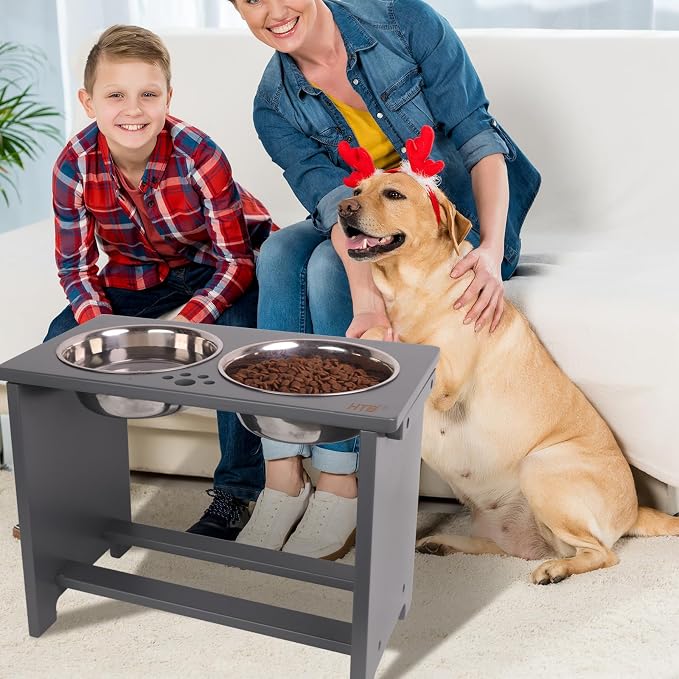 HTB Elevated Dog Bowl Stand with 2 Stainless Steel Bowls-14 H X-Large Grey | Raised Dog Bowl Stand, 14"tall, 48 Oz Bowls, for Large Sized Dogs, Pet-safe, Solid Bamboo