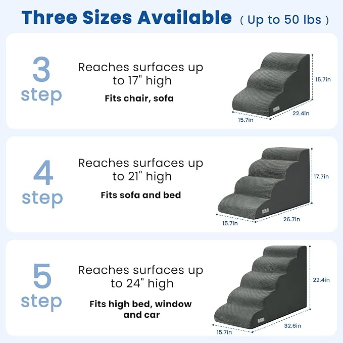 Dog Stairs for Small Dogs & Cats,3 Steps Non-Slip Pet Ramp for Couch,15.7"H | Airpanda Pet Stairs with Washable Cover & High-Density Foam,Gentle Curved Design,Ideal for Senior & Short-Legged Dogs,Grey