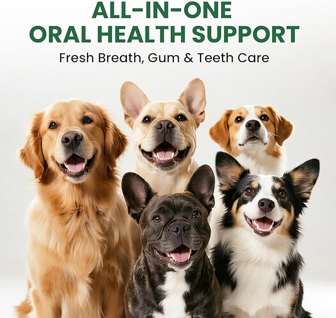 Dog & Cat Dental Powder: Ultimate Breath Freshener & Oral Care - Eliminates Bad Breath, Controls Plaque & Tartar - Enzyme & Probiotic Food Topper - Green Tea Flavor 5.64oz