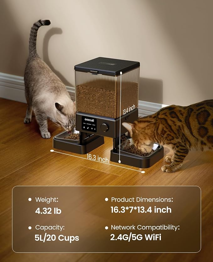 oneisall 5G WiFi Automatic Cat Feeder for 2 Cats, App Control, 20 Cups/5L | Timed Meals, Feed Now, Feeding Logs, Slow Feed, Precise Portions, 10s Voice Recorder, Family Sharing, Stainless Steel Bowls