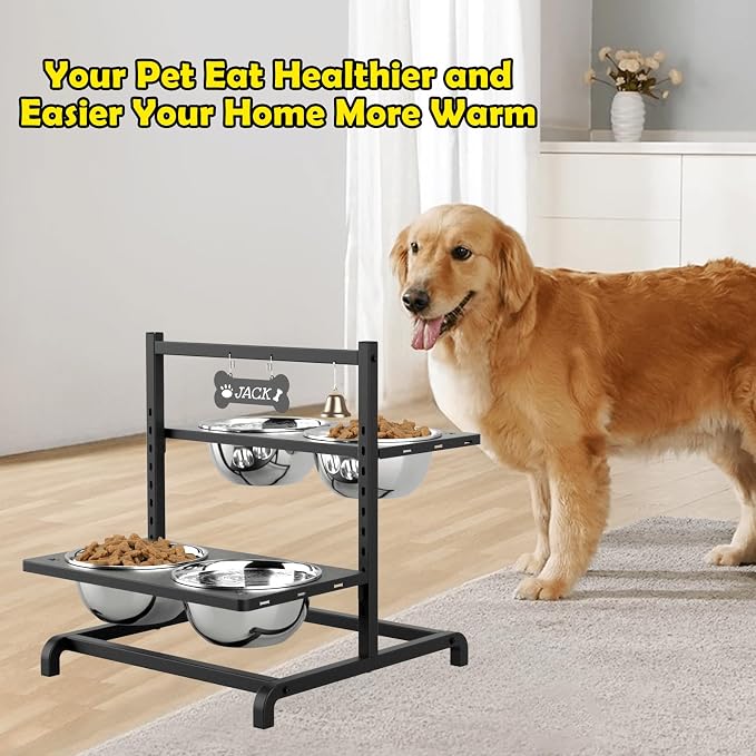 SHAINFUN Elevated Dog Bowl Stand with 4 Stainless Steel Bowls (58oz) & 1 Slow Feeder, 9 Height Adjustable Raised Dog Bowl from 4.9" to 14.5" for Large Dogs & Multi-Pet Homes