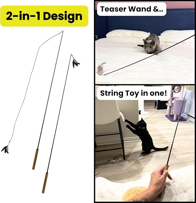 Forever Stick with Cat Toys and Strings Bundle - The Unbreakable Cat Wand Toy, Durable Cat Toy Wand, Extra Long Cat String Toy, Cat Fishing Pole Toy for Bored Indoor Adult Cats, Cat Stick Toy