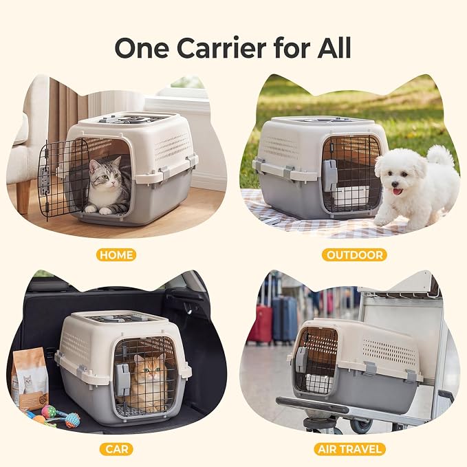 NEWBULIG 23" Hard-Sided Dog Carrier, Plastic Cat & Dog Crate, 4-Sided Ventilation Travel Pet Kennel, Top & Front Door Access, Integrated Food Bowl, for Small Pets up to 22 lbs - Beige & Grey
