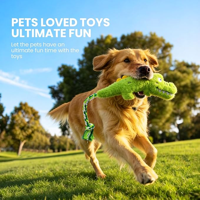 Squeaky Plush Crocodile Dog Toy,with a Rope Tail,Crinkle Stuffed Dog Toy Keep Them Busy Tug of War Training Play, Dog Chew Toy for Small Medium Dogs (Green)