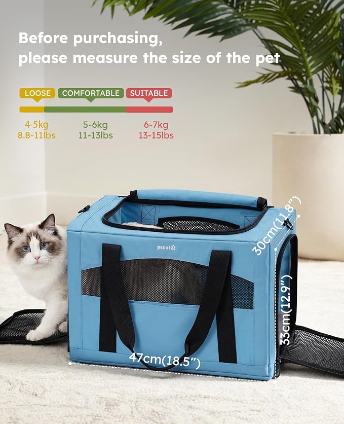 Pecute Cat Carrier Stable, Pet Carrier with Privacy Partition,Light Blue | Safe For Car Travel, Stable Steel Frame, Soft-Sided Pet Carrier Bag For Dogs And Cats Up To 15lbs, Foldable Design,XL.