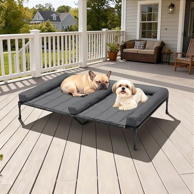 Veehoo Elevated Dog Bed for 2 Dogs, Cooling Raised Dog Bed with Bolster Mat | Outdoor Double Dog Bed with Removable Waterproof Cushion, Breathable Mesh, Non-Slip Feet for Outdoor & Indoor, 49", Bicolor