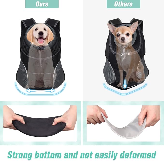 YUDODO Dog Front Carrier Backpack, Adjustable Breathable Dog Backpack | Ventilated, Safety Belt, Lightweight, Reflective Strip, Pocket Storage, For Walking Hiking Outdoor, Black, M