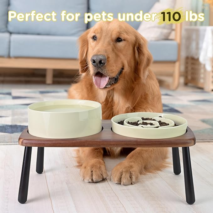 SPUNKYJUNKY Ceramic Elevated Dog Bowls with Slow Feeder Raised Acacia Bamboo Wooden Stand, 8.3'' Dog Food Water Bowls Set Non-Slip for Medium Large Sized Breed Microwave Dishwasher Safe - Beige