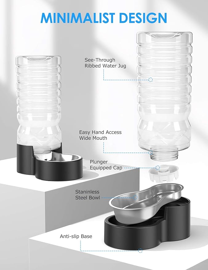Heouvo 2.5 Gallon Automatic Dog Water Dispenser (9.5L-Black) | Wide Mouth, Easy Clean/ Removable Stainless Steel Bowl/ Gravity Refilling, Large Capacity for Cats and Dogs, Multi-Pet Homes