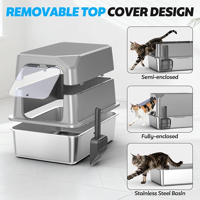 WoofiGo Enclosed Stainless Steel Cat Litter Box with Lid, XL Extra Large Litter Box for Big Cats, Metal Litter Pan High Sided, Never Absorbs Odors, Anti-Urine Leakage, Include Scoop (Light Grey)