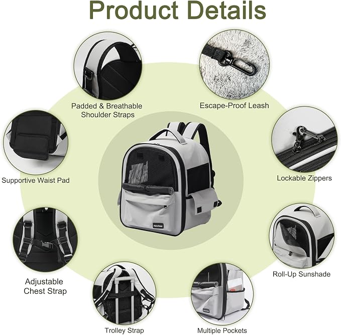 Cat Carrier Dog Backpack Carrier with Anti-Collapse Bottom (Light Gray) | Dog Carrier Mesh Backpack Breathable Pet Travel Bag with Sun Shade, Locking Zippers, Ergonomic Support for Hiking, Vet, Car