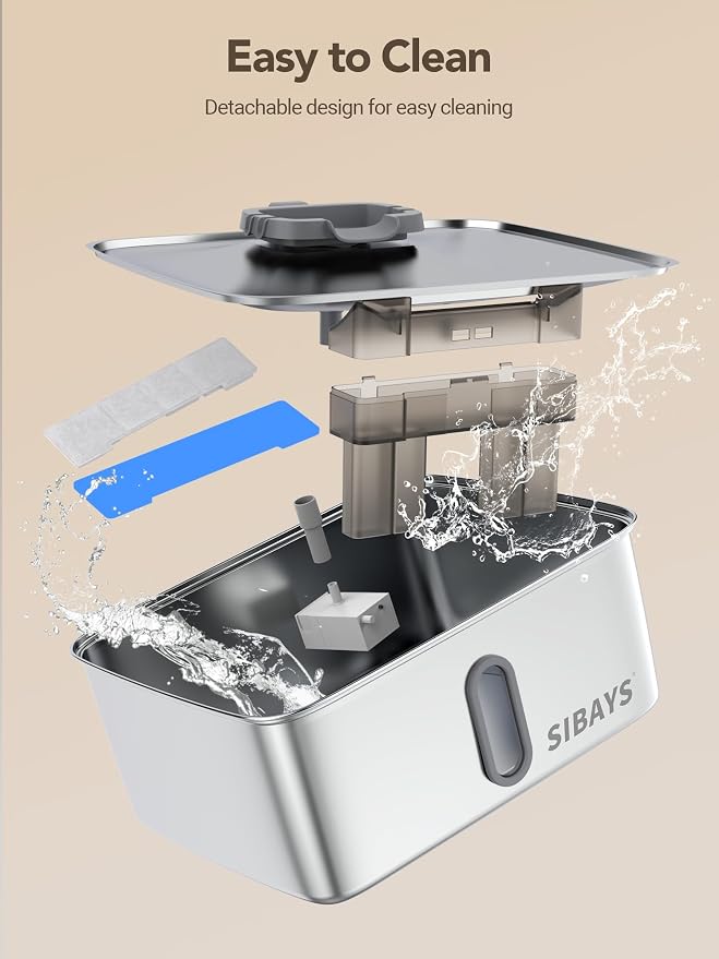 SIBAYS 4Gal/15L Dog Water Fountain for Large Dogs, Stainless Steel Large Pet Water Fountain, Ultra Quiet Automatic Dog Water Bowl Dispenser with Water Level Window and LED Light(FS78, Silver-Grey)