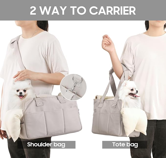 JourCraf Dog Purse Carrier for Small Dogs & Puppies Up 12 Lbs, Soft Cotton Tote Pet Shoulder Bag with Pockets, Foldable & Washable Breathable Puppy Carrier for Yorkie, Chihuahua & Cats - Gray