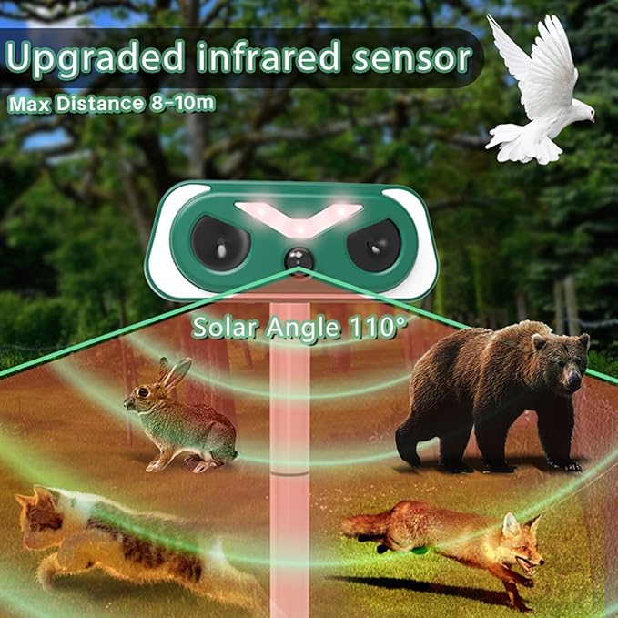 2026 Upgraded Solar-Ultrasonic-Animal-Repellent Outdoor, Deer Repellent Devices Squirrel Cat Raccoon Rabbit Dog Deterrent, Keep Skunk Away Motion Detection with Flash Light for Yard Garden Lawn 1-PACK