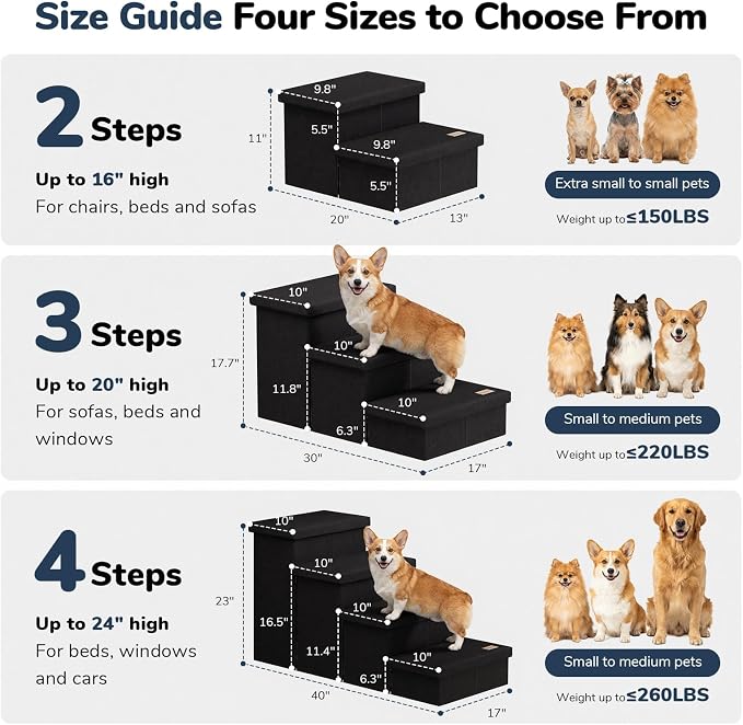 2-Step Wide Dog Stairs with Storage 11" H, Non-Slip Sturdy Pet Steps for Couch Chair, Dog Steps for Small/Medium Old Dogs, Cats, Rabbits Up to 150lbs, Foldable Cat Puppy Stairs for Car, Black