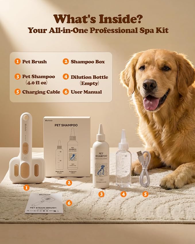Rorhxia Steam Dog Cat Brush for Shedding, for Short/Long Haired Pet | 2026 Upgraded | Cool Steam Brush | 1*Shampoo | Skin Friendly | Self Cleaning | IPX7 Waterproof | Deodorizes | Soften the Coat