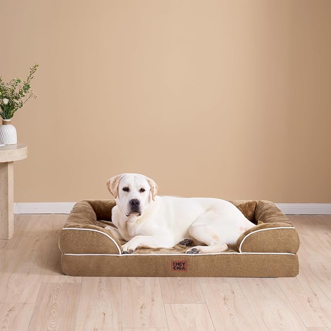 EHEYCIGA Orthopedic Dog Beds Large Sized Dog, Waterproof Washable Pet Bed | Non-Slip Bottom and Egg-Crate Memory Foam XL Dog Couch Bed with Washable Removable Cover, Camel, 41Inch