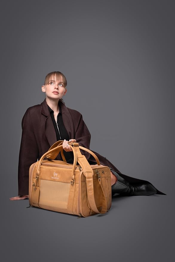 Noah & Paw Cat Carrier Soft Dog Carrier for Small Dogs, TSA Airline Approved 18x11x11in Cat Crate, Pet Travel Crate, Small Pet Kennel, Mattress Included, Camel Faux Leather