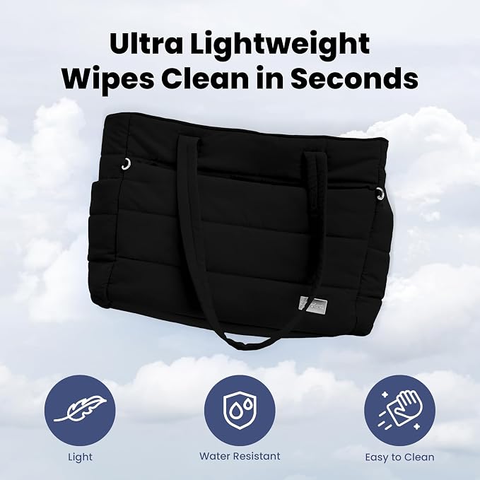 Puffer Dog Travel Bag for Dog Moms, Diaper Bag with Travel Bowls | 2 BPA-Free Collapsible Bowls, 2 Pet Food Containers, 9 Pockets, Everyday Puffer Bag Works With or Without Your Dog, Black