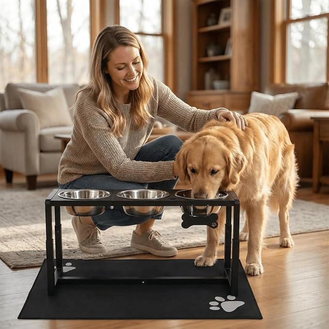Metal Elevated Dog Bowls for Medium/Large Breed, 3 Adjustable Height(8.8''/11.5''/14'') Raised Dog Bowls Stand with Three 58oz Large Stainless Steel Dog Bowls, with The Splash pad