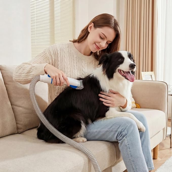NEWBULIG Pet Grooming Vacuum Kit for Cats and Dogs, 2.5L Dust Cup | 3 Suction Modes and 5 Groomer Tools, Low Noise for Cats, Dogs Other Animals Hair Trimmer, White and Blue