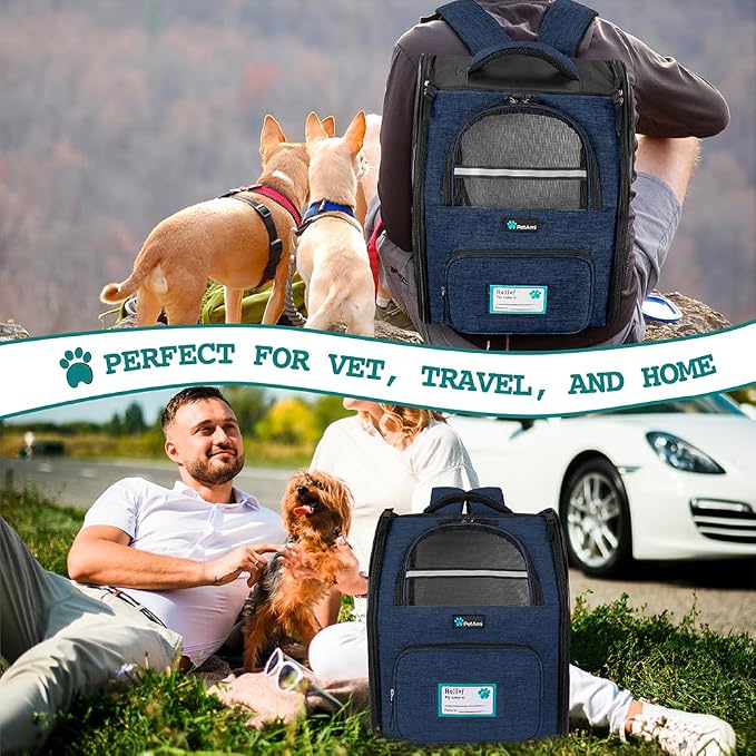 PetAmi Dog Backpack Carrier for Small Medium Dogs Large Cats up to 18 lbs, 2 Side Entry, Structured No-Collapse Frame, Airline Approved Ventilated Pet Backpack for Hiking Camping Travel Vet, Navy