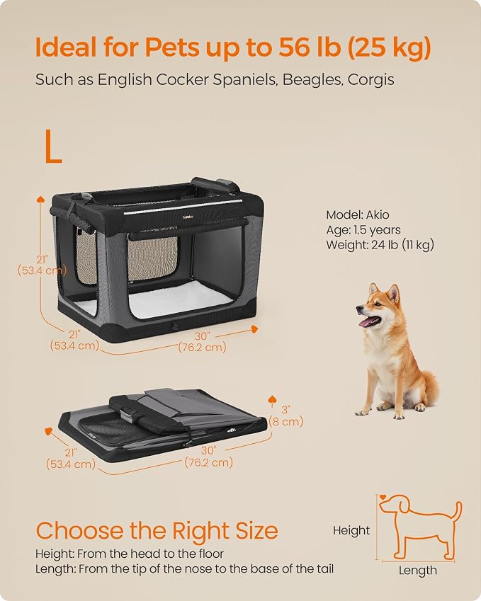 Feandrea Collapsible Dog Crate, Portable Travel Crate, 30-Inch | Oxford Fabric Pet Carrier with 4 Mesh Doors, Handles, Storage Pocket, Water Bottle Holder, UPDC017B01