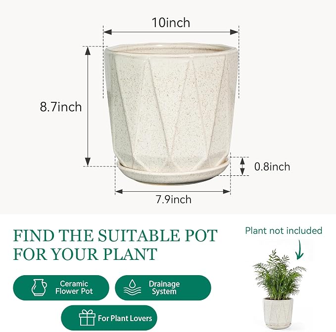 10 Inch Ceramic Plant Pot with Drainage Hole Mesh Net, Large Flower Pots for Indoor Plants with Saucer, Gardening Pots Outdoor (Silk White)