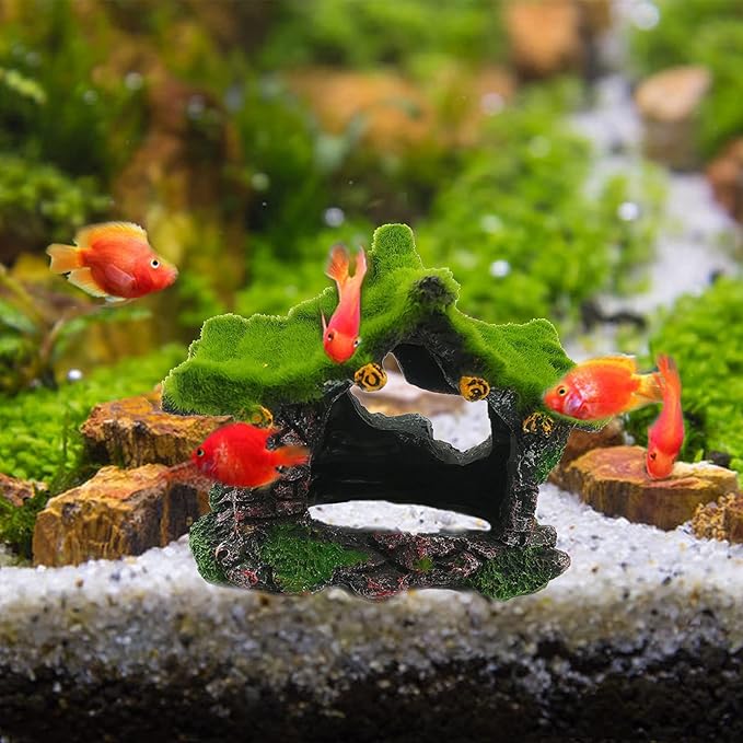 Tfwadmx Aquarium Decoration House Resin Hollow Betta Hideout House Fish Hide Tank Terrarium Accessories Cave Ornament for Small Shrimp Hideaway with Moss(2Pcs)