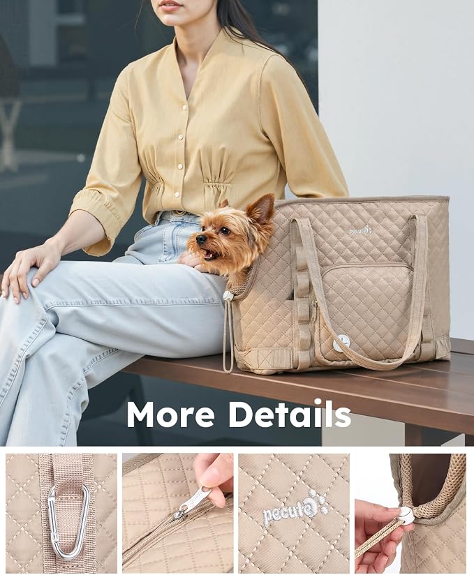 Pecute Dog Purse Carrier, Dog Carrier with Pockets for Small Dogs, Fits Dogs 5 lbs to 9 lbs, Cat and Puppies Tote Bag, Outing, Travel, Vet, Khaki | Breathable,Foldable,Large Pocket,Built-in safety Rope,Machine washable,Under 9 Lbs