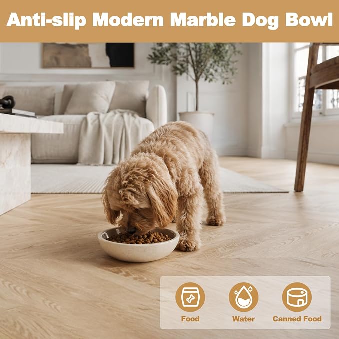Karibiber Natural Marble Cat Bowl, Weighted 1.5lb Cat Food Bowl for Cat and Small Dog, Small Animal Pet Food Dish Non-Slip, Shallow Dish for Whisker Fatigue Relief, Premium Beige Stone for Home Decor