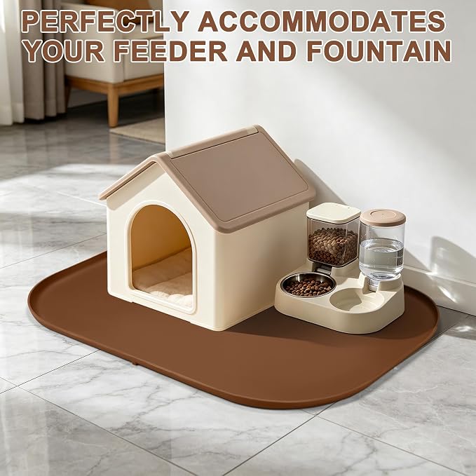 SMILOOL Waterproof Silicone Pet Food Mat with Raised Edge for Dog & Cat | 36" x 24" Non-Slip Large Pet Feeding Mats with Lip for Food & Water Bowl, Food Grade, Easy Cleaning, Brown