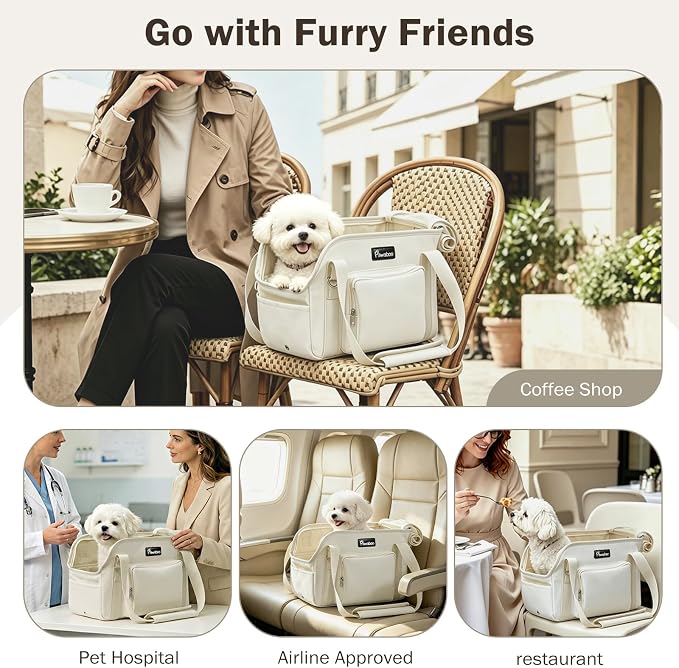 Pawaboo Dog Purse Carrier for Small,Under 9 Lbs | Large Pockets,Safety Leash,Soft Cushion,Breathable Mesh Window,Lightweight Travel,Beige