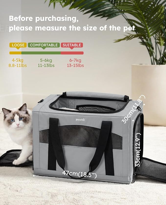 Pecute Cat Carrier Stable, Pet Carrier with Privacy Partition,Gray | Safe For Car Travel, Stable Steel Frame, Soft-Sided Pet Carrier Bag For Dogs And Cats Up To 15lbs, Foldable Design,XL.
