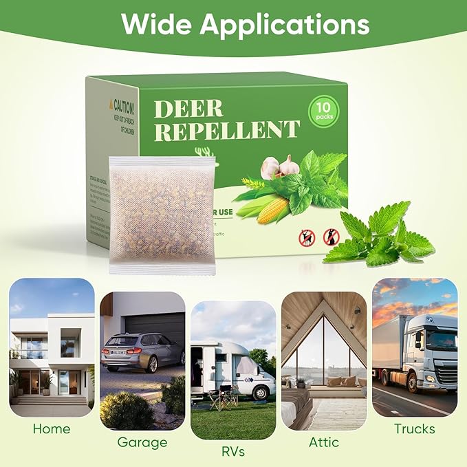 10 Pack Deer Repellent Pouches, Rabbit Repellent Outdoor Deer Repeller Deer Deterrent for Plants & Hostas, Stop Deer Eating Garden Flowers, Safe for Pets & Family