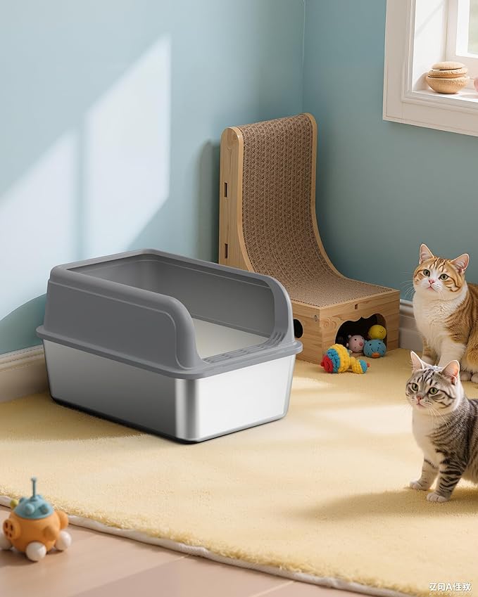 Powools Stainless Steel Cat Litter Box, Metal Litter Box with Scoop, High- Sided, Anti-Leakage Top Entry, Non-Sticky, Easy to Clean, 8-Inch Splash-Proof Deep Pan, Grey, XXL (1 Pack)