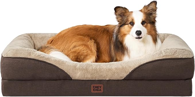 EHEYCIGA Orthopedic Dog Bed for Large Sized Dog, 45x35 Inch Large Memory Foam Dog Couch Bed with Sides, Waterproof Liner & Washable Removable Cover, Bolster Pet Sofa, Brown