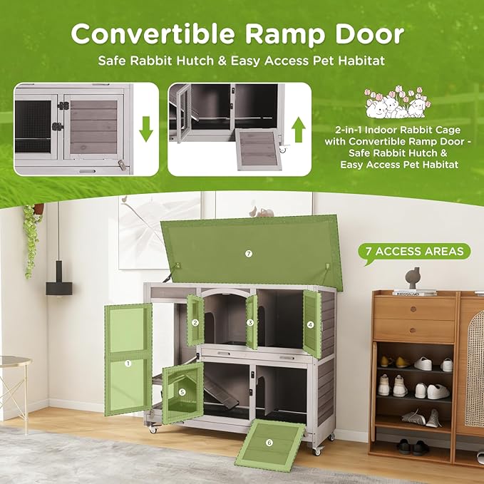 Gutinneen Large Indoor Rabbit Hutch Mobile Bunny Cage with Chew-Proof Ramp, Locking Leak-Proof Trays - Outdoor 44" Wooden Rabbit Cage with 4 Wheels for Rabbits, Guinea Pigs, Small Animals (Grey)