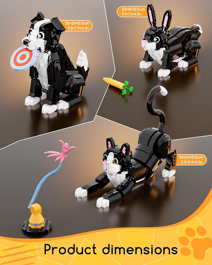 3-in-1 Tuxedo Cat Building Set, Build a Cat, Dog or Rabbit | Build & Rebuild 3 Cute Animal Designs from One Set, Building Toy for Cat Lovers and Animal Fans, Birthday Gift Ages 8+