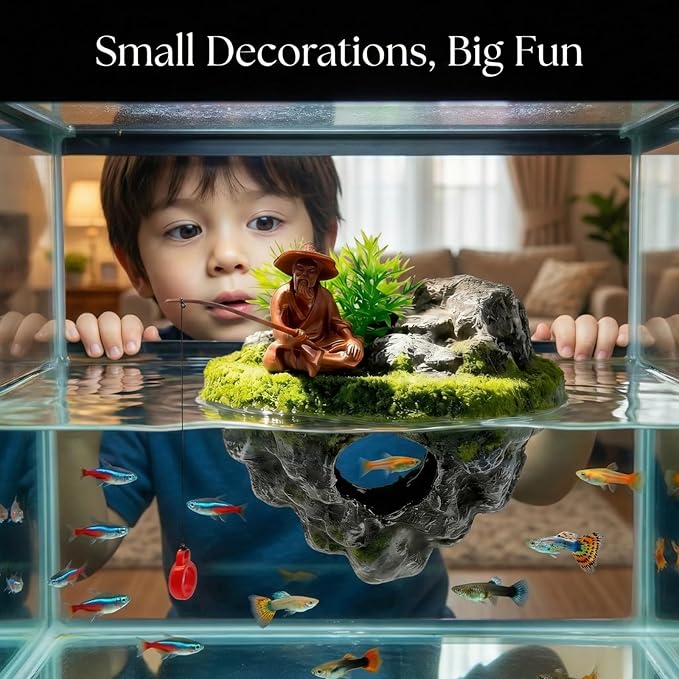 Aquarium Floating Island Decoration with Interactive Fish Feeding Hook,Fish Tank Decorations for Betta,Guppy & Shrimp,Safe ABS Material Floating Fish Tank Decorations,3D Old Man