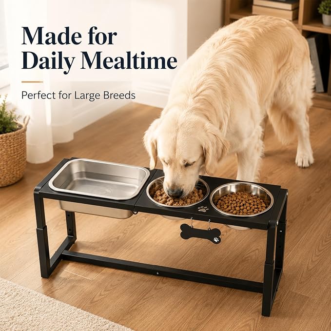 Metal Elevated Dog Bowls for Medium/Large Breed, 3 Adjustable Height(8.8''/11.5''/14'') Raised Dog Bowl Stand with Two 58oz & One 1.2gallons Large Stainless Steel Dog Food Water Bowls