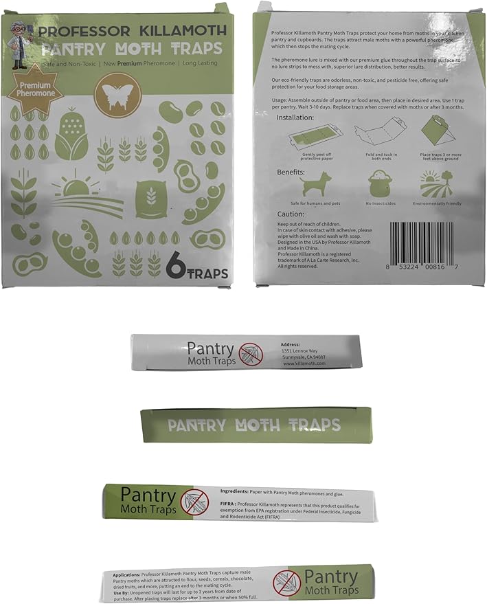 Professor Killamoth Pantry Moth Traps 6 Pack, Professional Grade Pheromone Moth Traps for House Indoor, Non-Toxic Pantry Moth Trap for Kitchen, Food & Cupboards