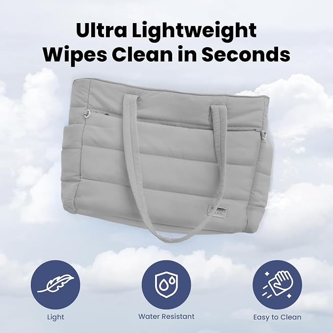 Puffer Dog Travel Bag for Dog Moms, Diaper Bag with Travel Bowls | 2 BPA-Free Collapsible Bowls, 2 Pet Food Containers, 9 Pockets, Everyday Puffer Bag Works With or Without Your Dog, Grey