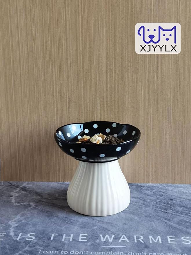 Mushroom Elevated Cat Bowls Ceramic, Cute Cat Bowls Whisker Fatigue | Raised Cat Bowl for Indoor Cats, Raised Dog Bowls Stand for Food and Water, Black 6" Wide for Adult Cats
