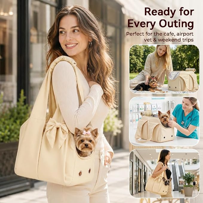 Fashion Dog Purse Carrier for Small Dogs, Soft-Sided Dog Bag Carrier with 4 Large Pockets, No Collapse, Lightweight, Smart Zipper Lock, Comfortable Puppy Cats Rabbit Carrier for Travel,Outdoor(Beige)