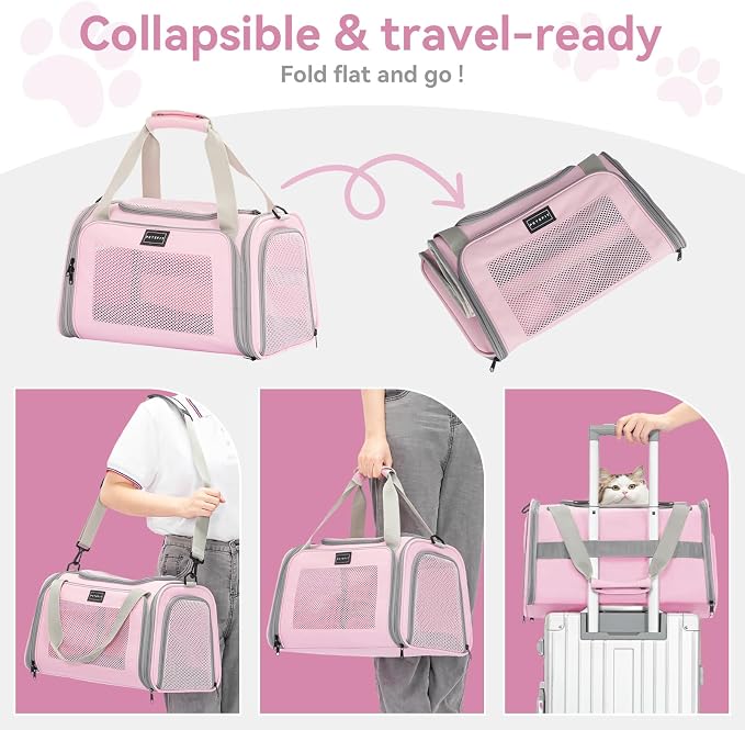 Petsfit Cat Carrier Airline Approved, 17.5×10.5×10.5 in, Pink | Escape-Proof Design with Locking Zippers & Safety Leash, Easy-Access 3-Way Entry, Washable Mat up to 12 lb
