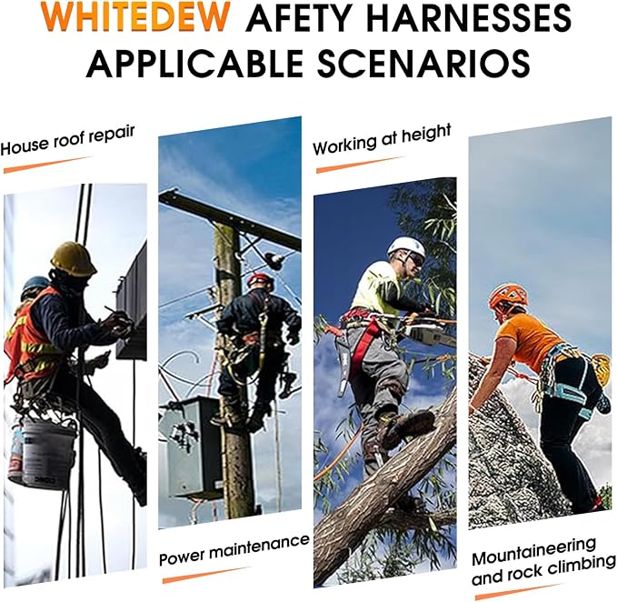 Fall Protection Premium Safety Harness with Shock Absorbing Lanyard, Vented & Padded Shoulder, Legs & Back - Upgrade 4 Quick Buckles (Orange)
